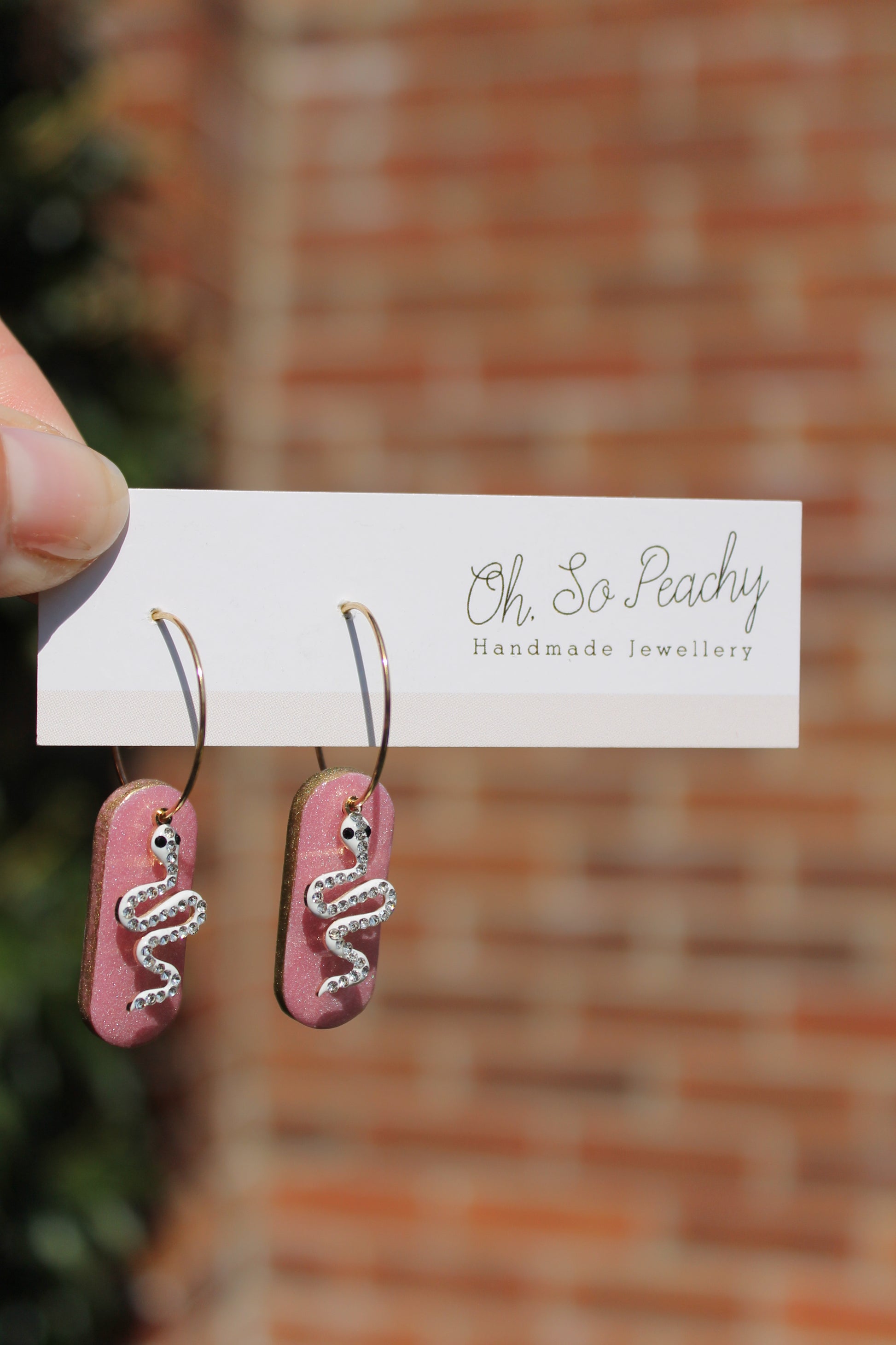 Polymer Clay Hoop Earrings With Snake Charms Pink Pearl