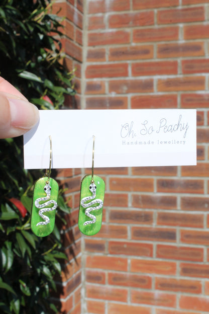 Polymer Clay Hoop Earrings With Snake Charms Bright Green 