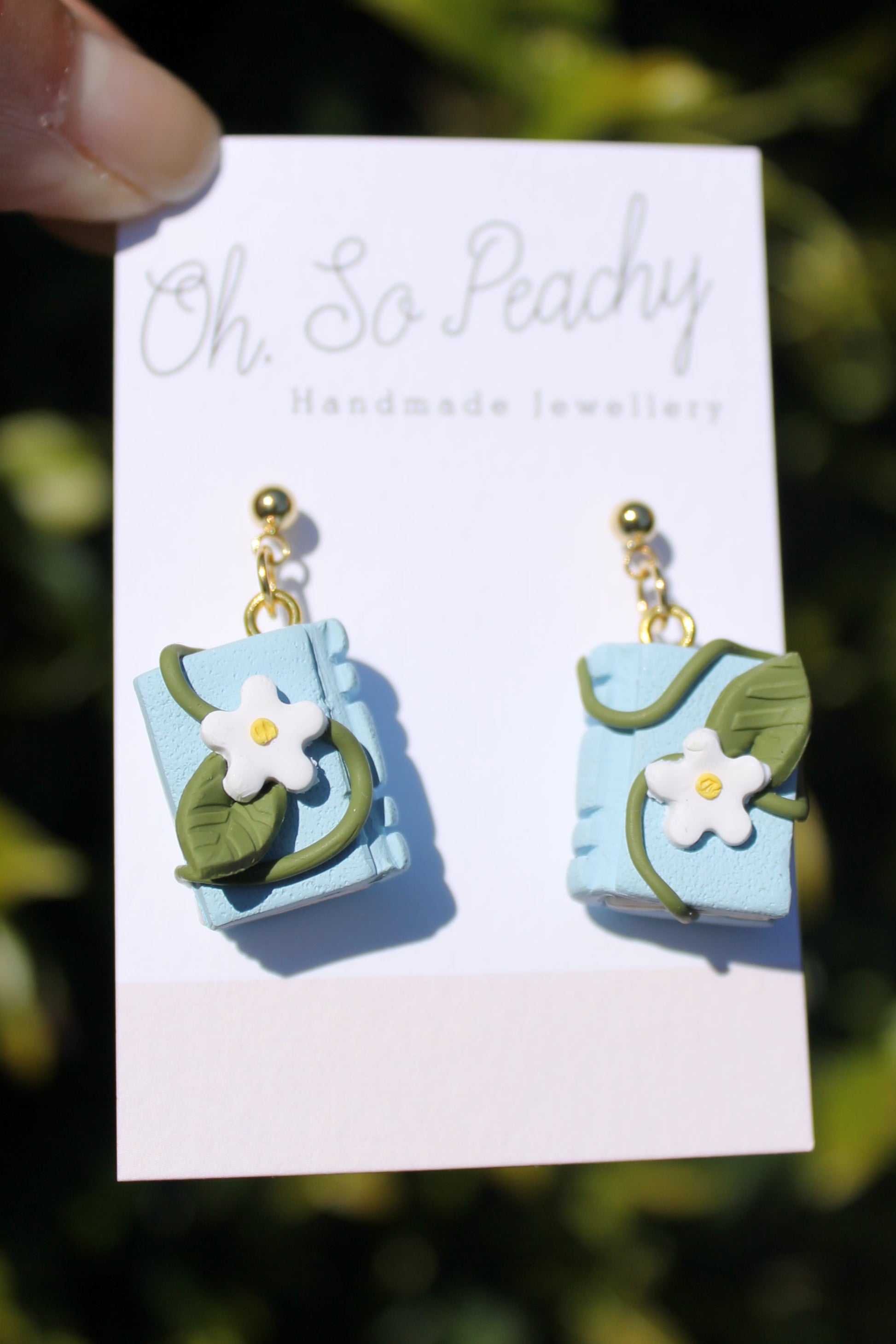 Polymer Clay Flower Book Ball Stud Earrings Light Blue Gold Hardware 1