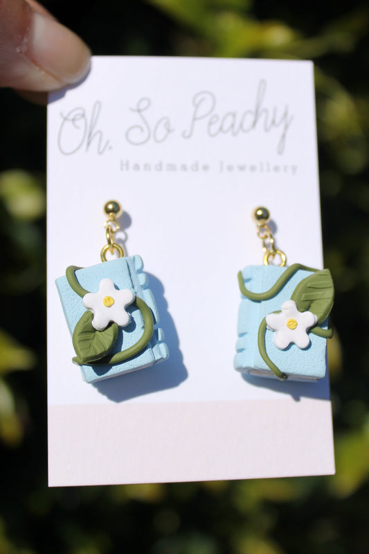 Polymer Clay Flower Book Ball Stud Earrings Light Blue Gold Hardware 1