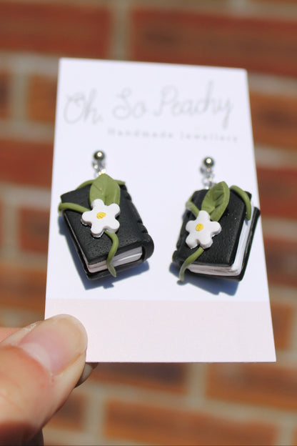 Polymer Clay Flower Book Ball Stud Earrings Black Silver Hardware 1