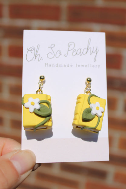 Polymer Clay Flower Book Ball Stud Earrings Yellow Gold Hardware 2