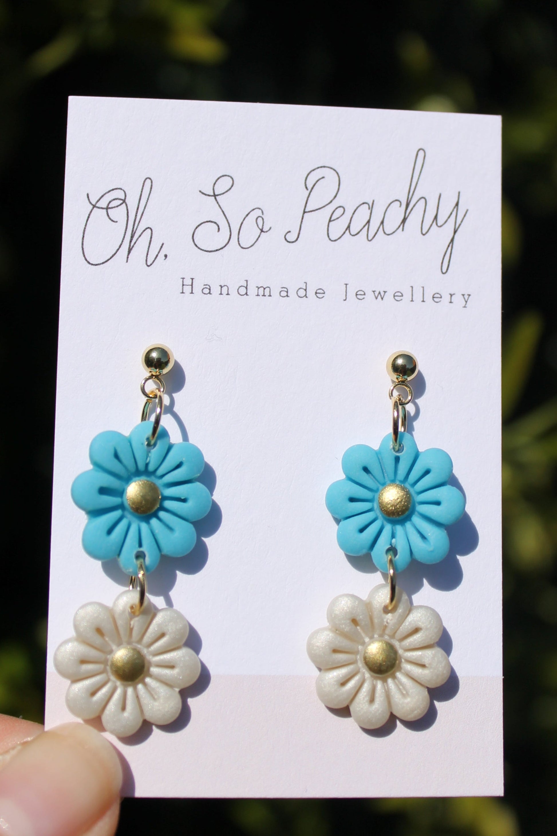 Polymer Clay Double Flower Ball Stud Earrings Blue and pearl  Gold Hardware