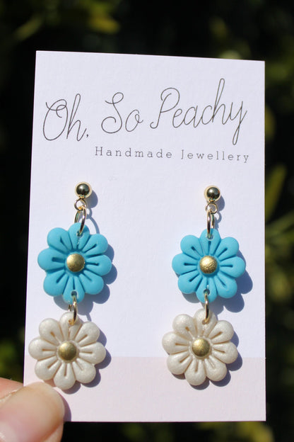 Polymer Clay Double Flower Ball Stud Earrings Blue and pearl  Gold Hardware