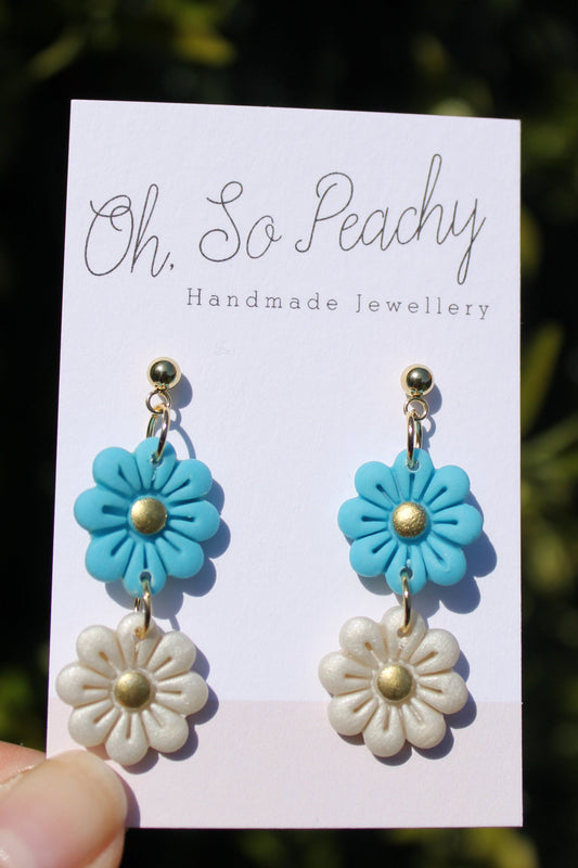 Polymer Clay Double Flower Ball Stud Earrings Blue and pearl  Gold Hardware