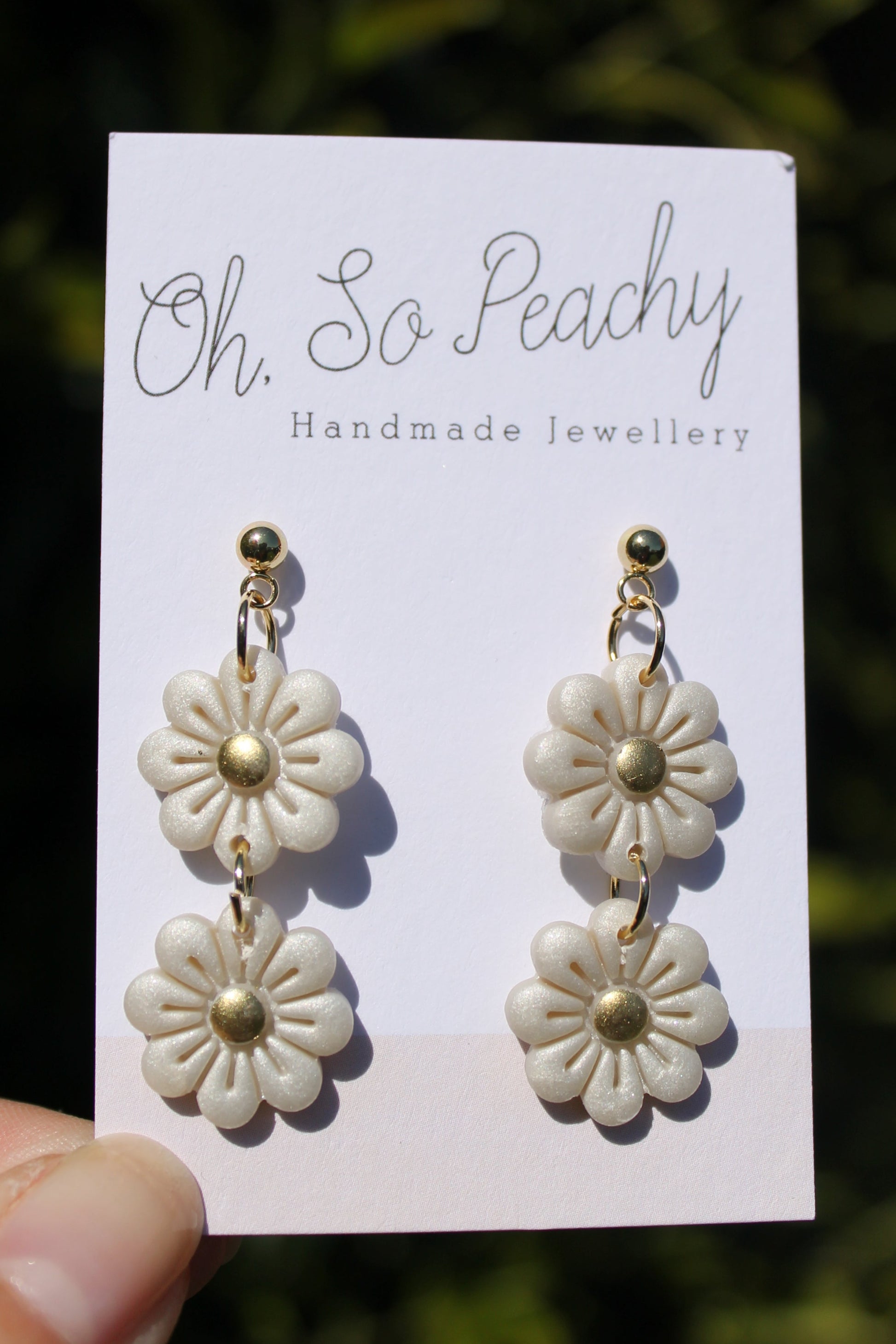 Polymer Clay Double Flower Ball Stud Earrings Pearl Gold Hardware