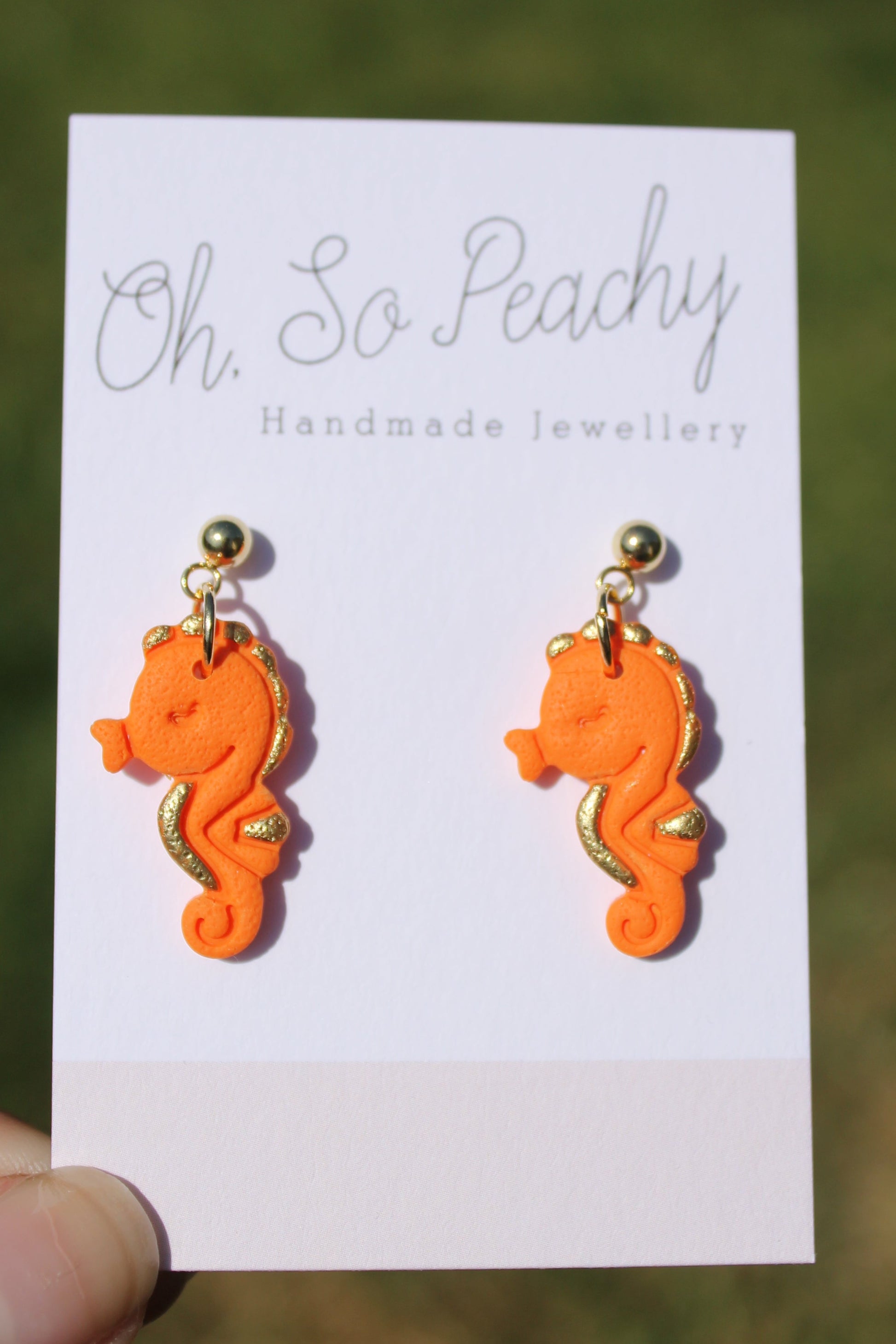 Polymer Clay Seahorse Ball Stud Earrings Orange