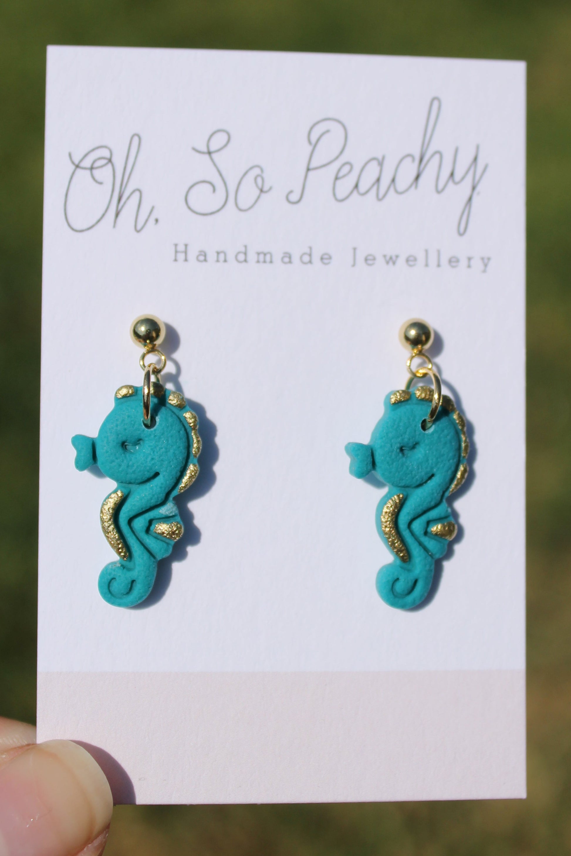 Polymer Clay Seahorse Ball Stud Earrings Sea Glass Green