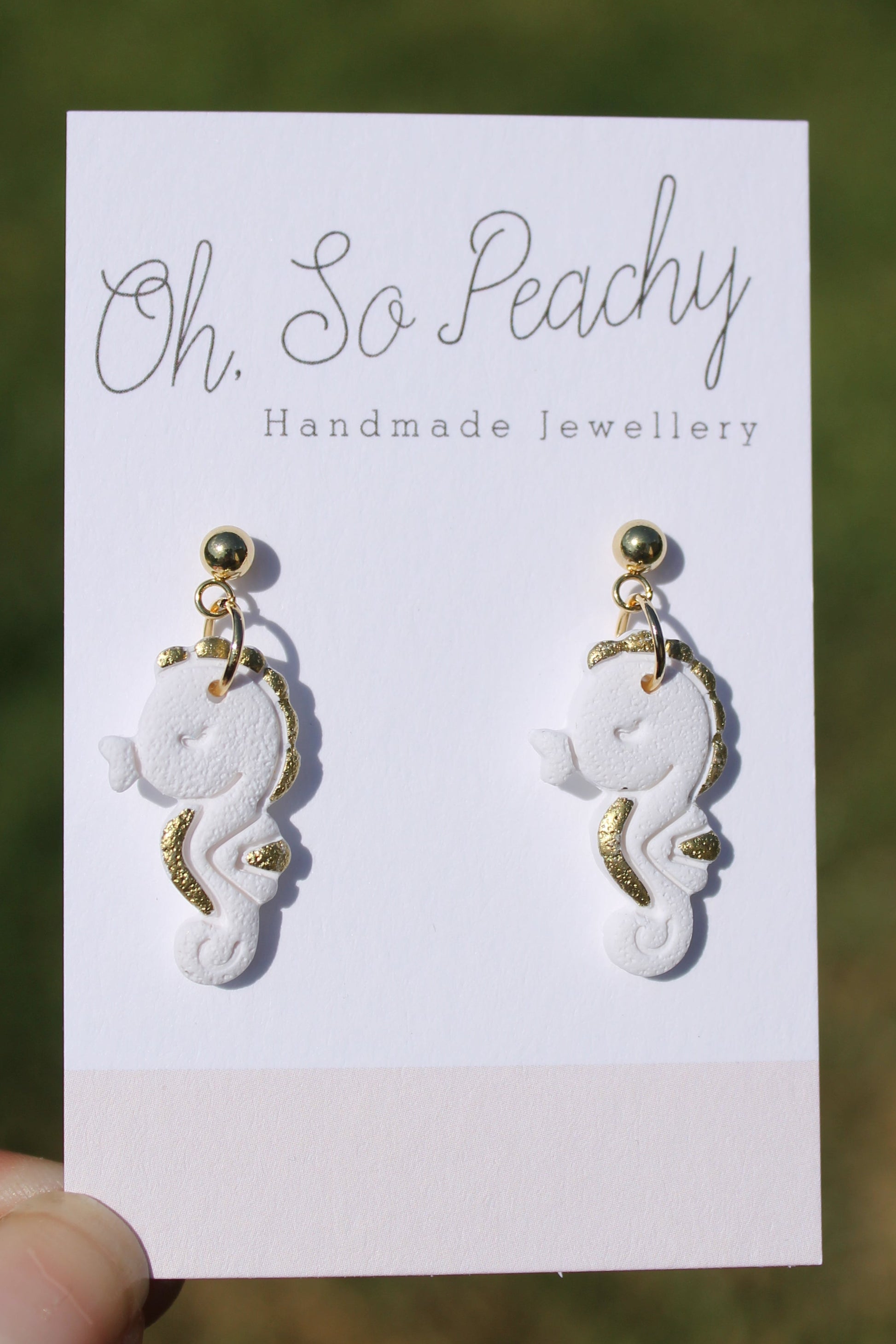 Polymer Clay Seahorse Ball Stud Earrings White