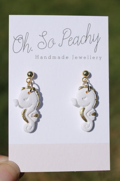 Polymer Clay Seahorse Ball Stud Earrings White