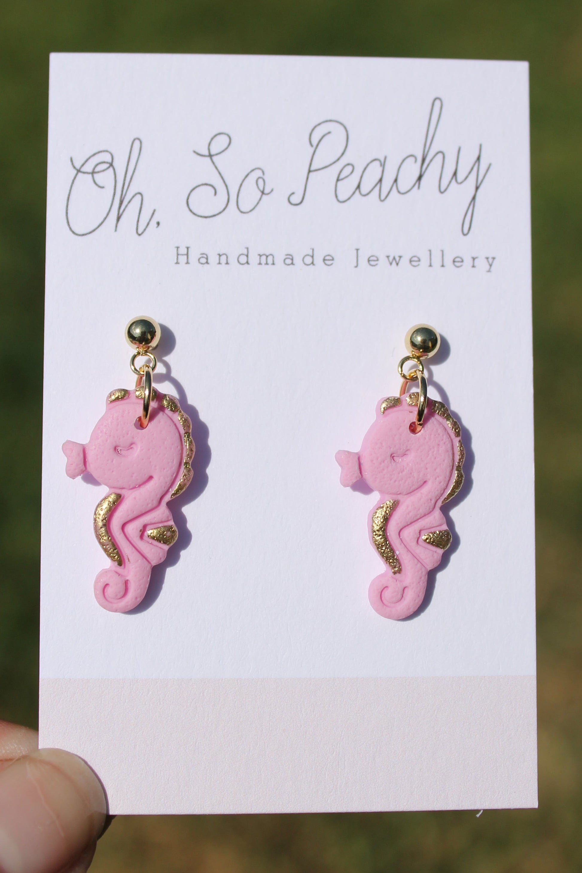 Polymer Clay Seahorse Ball Stud Earrings Pink