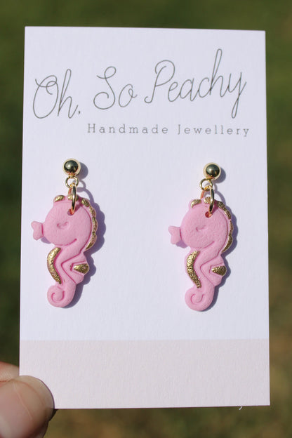 Polymer Clay Seahorse Ball Stud Earrings Pink