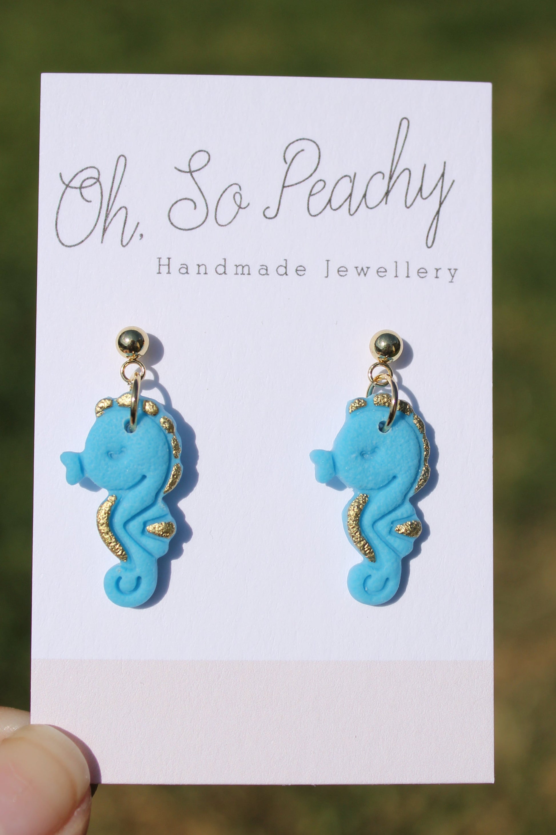 Polymer Clay Seahorse Ball Stud Earrings Blue