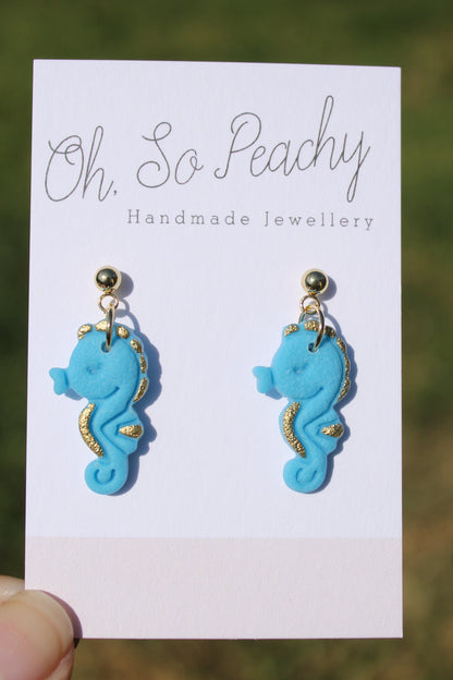 Polymer Clay Seahorse Ball Stud Earrings Blue