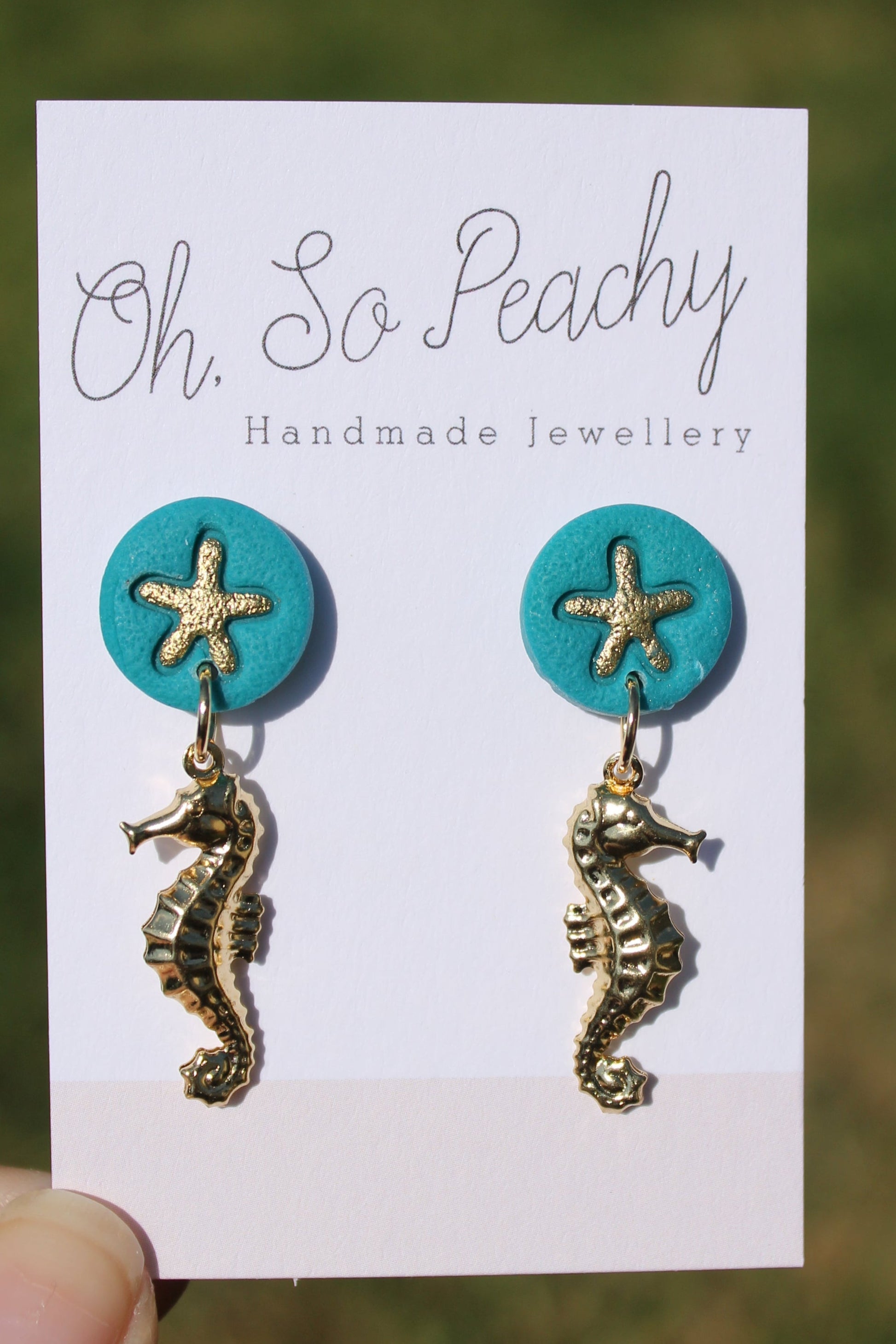 Polymer Clay Starfish Stud Earrings With A Gold Seahorse Charm Sea Glass Green