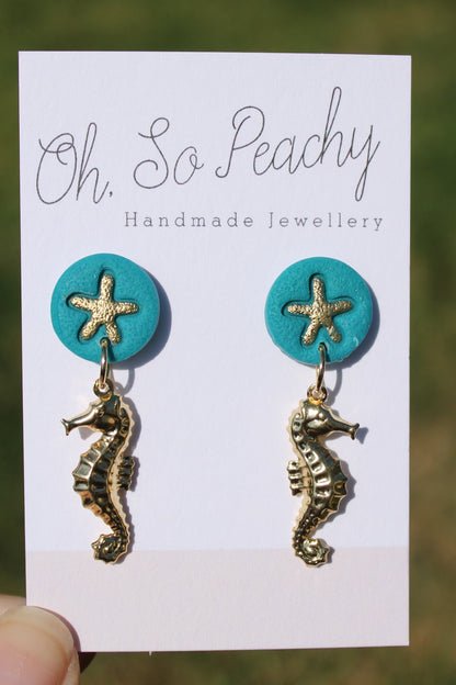 Polymer Clay Starfish Stud Earrings With A Gold Seahorse Charm Sea Glass Green