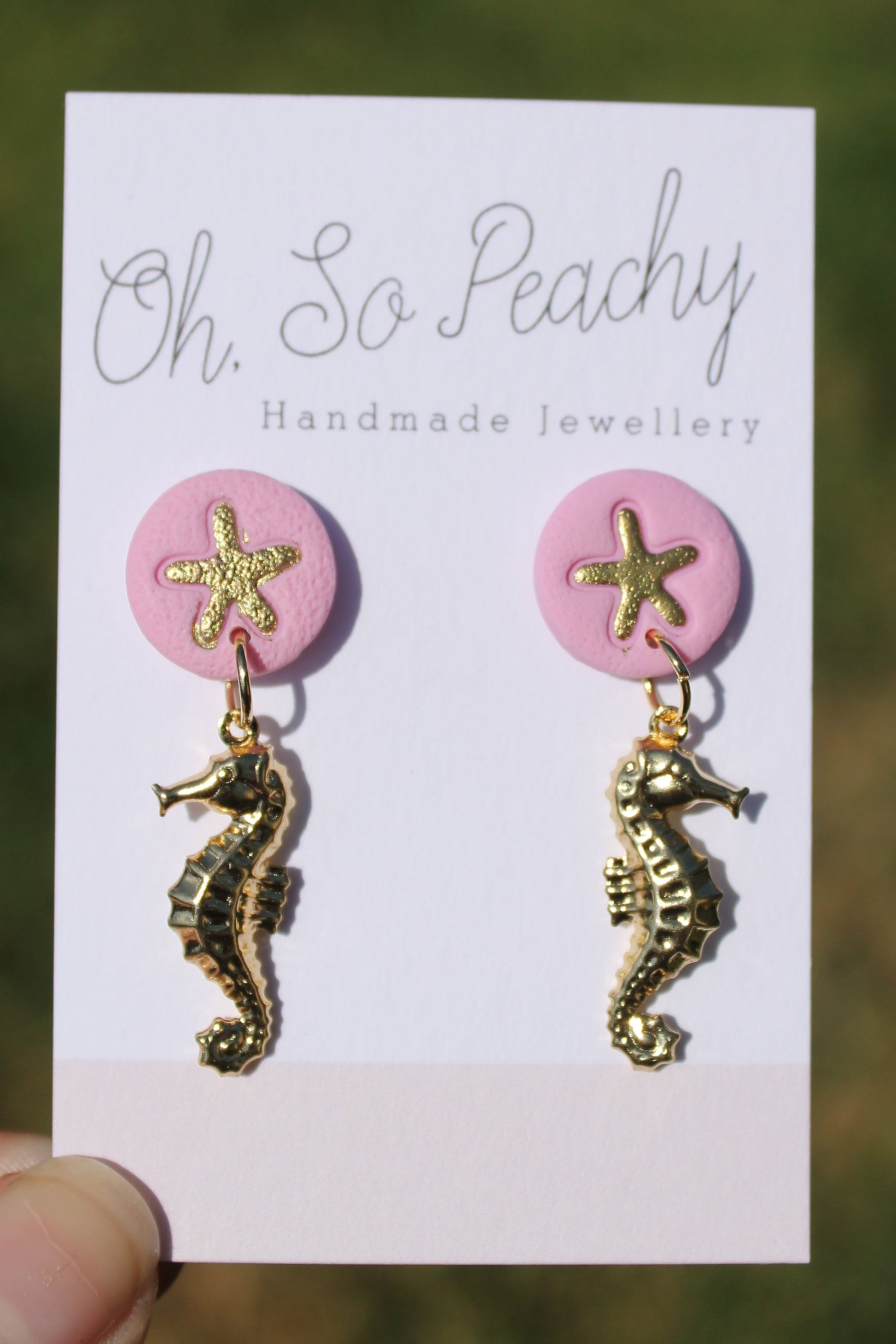 Polymer Clay Starfish Stud Earrings With A Gold Seahorse Charm Pink