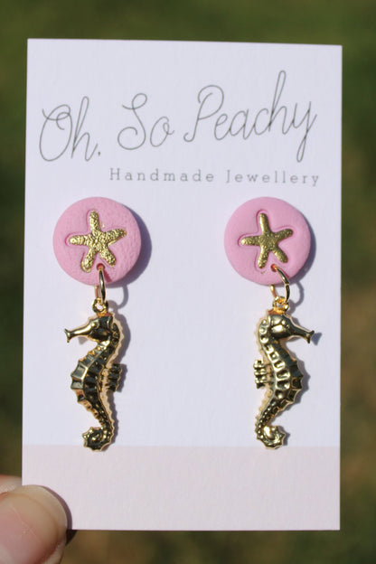 Polymer Clay Starfish Stud Earrings With A Gold Seahorse Charm Pink