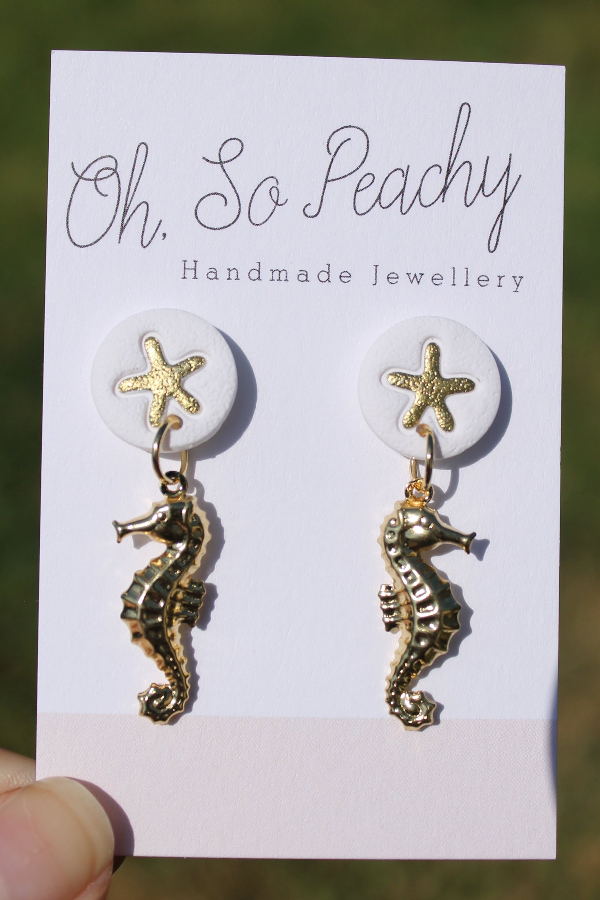 Polymer Clay Starfish Stud Earrings With A Gold Seahorse Charm White