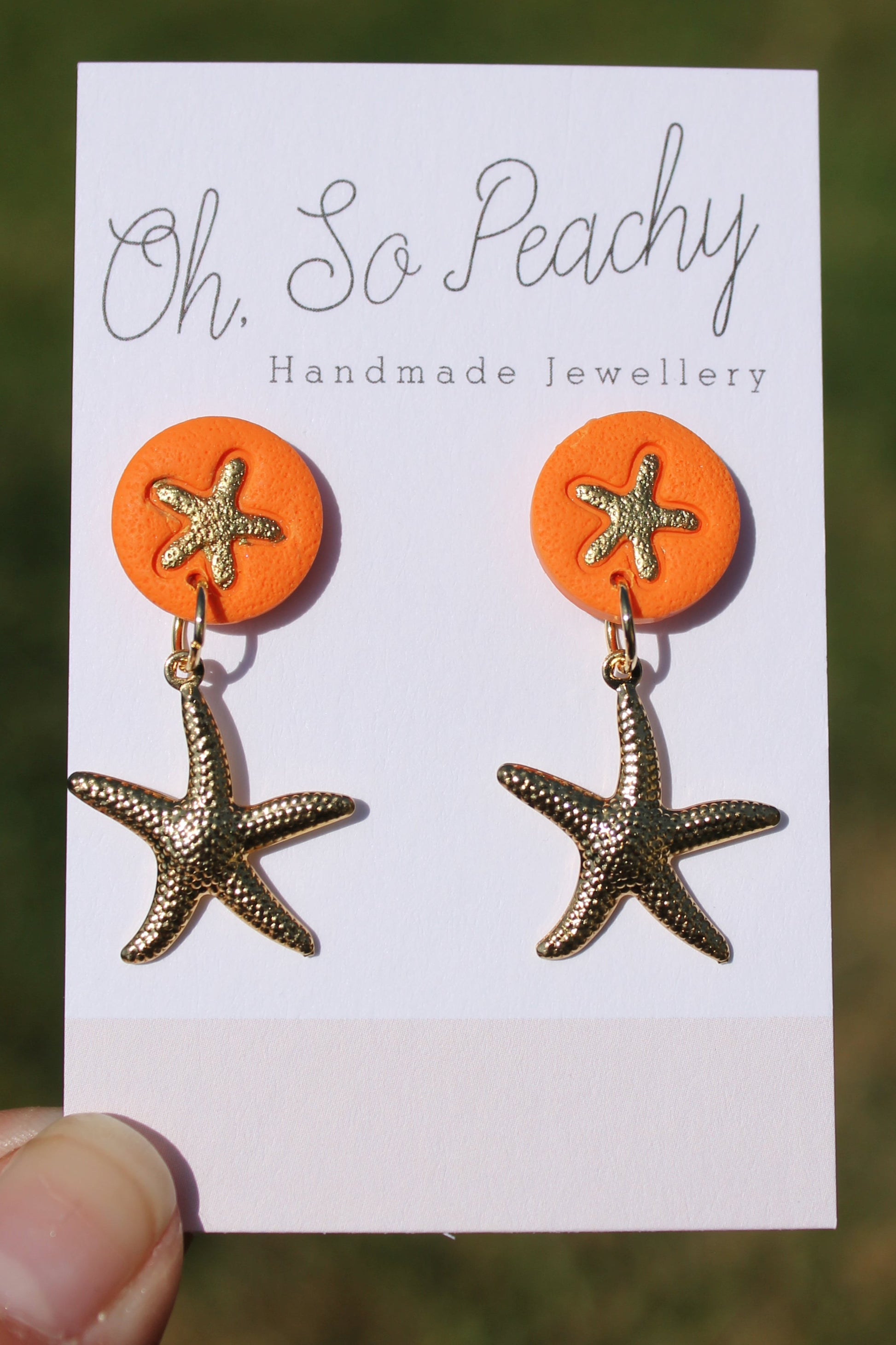 Polymer Clay Starfish Stud Earrings With A Gold Starfish Charm Orange