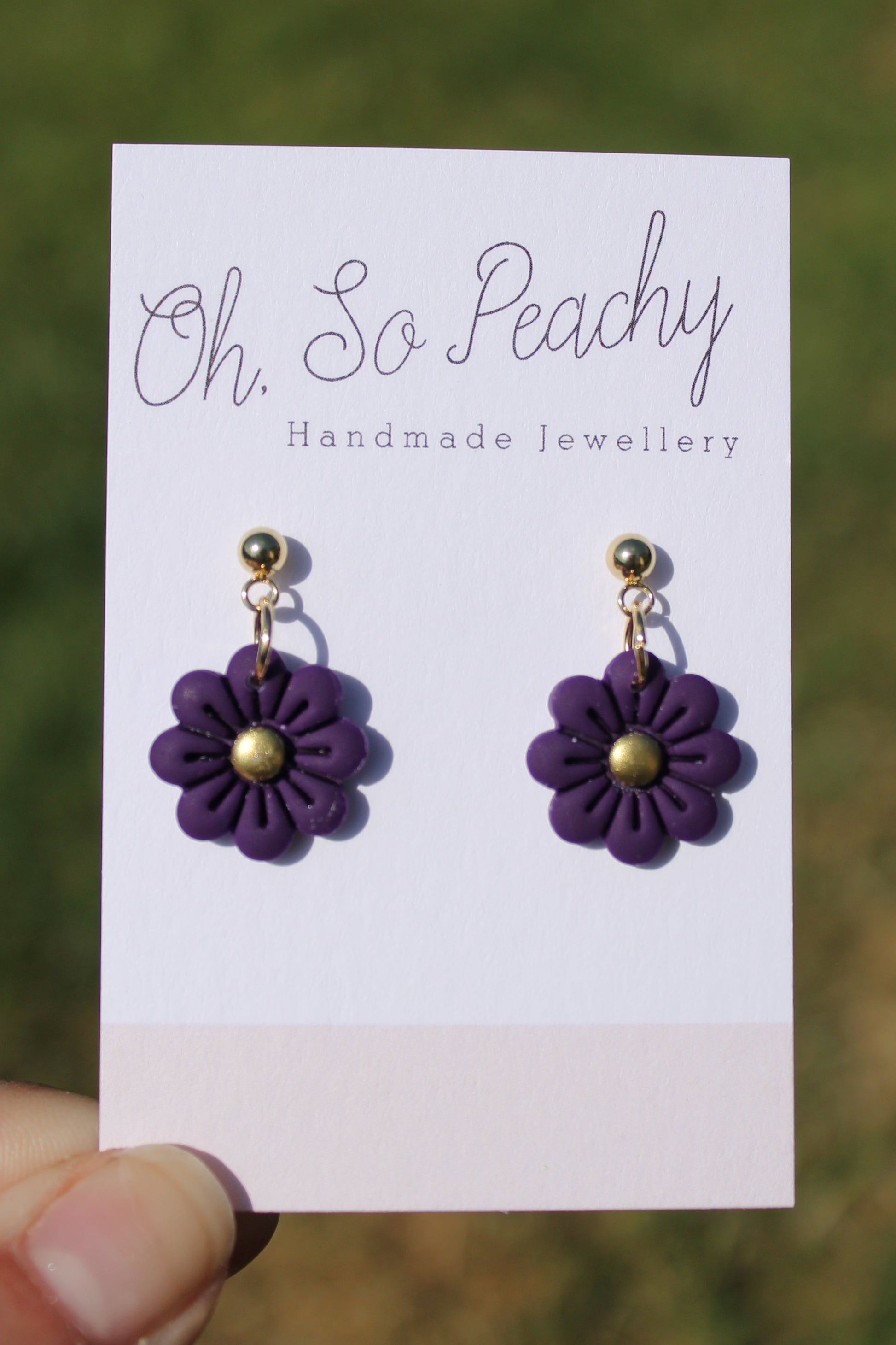 Polymer Clay Flower Ball Stud Earrings gold hardware purple 