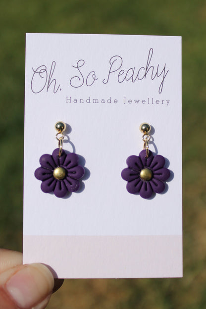 Polymer Clay Flower Ball Stud Earrings gold hardware purple 