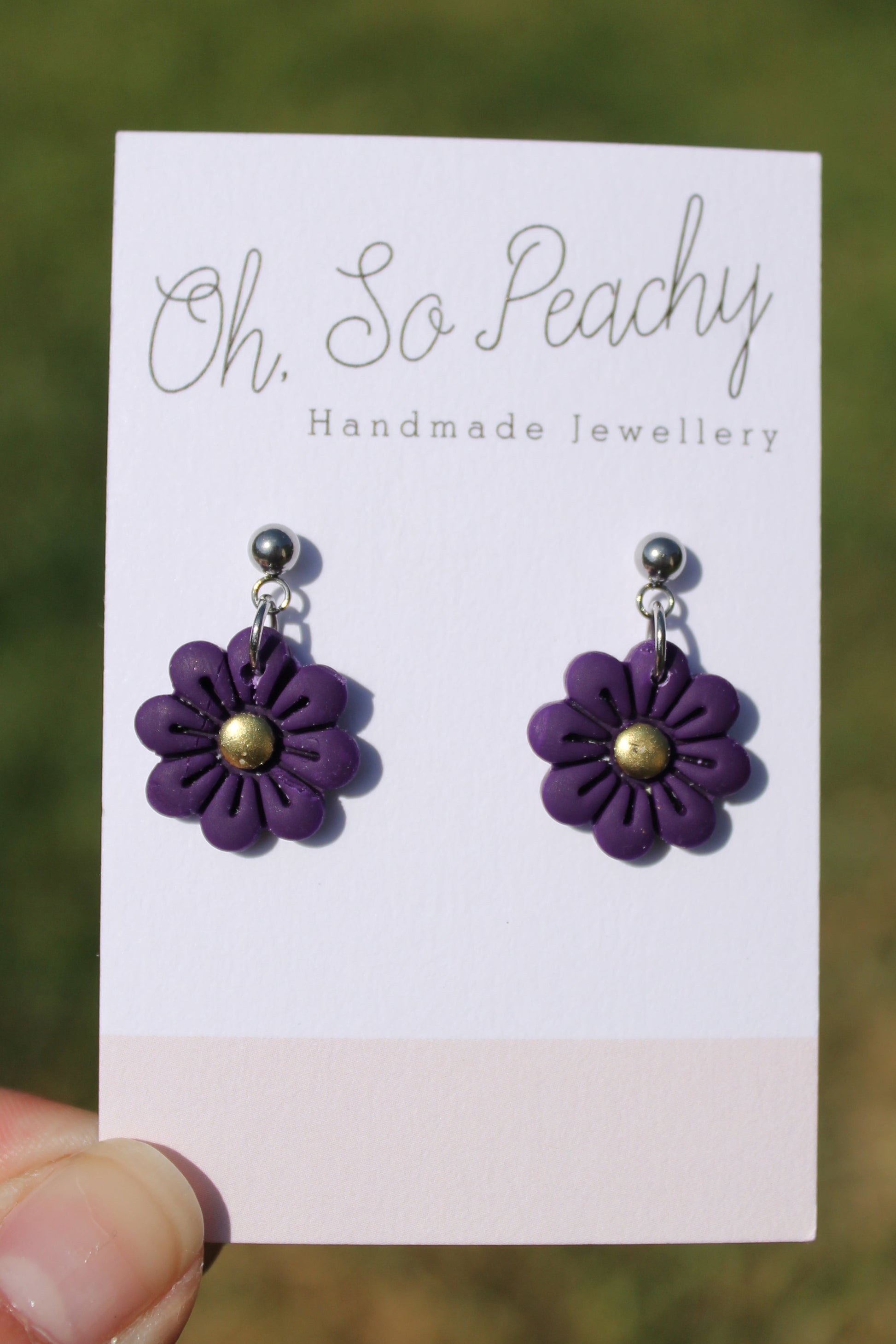 Polymer Clay Flower Ball Stud Earrings silver hardware purple 