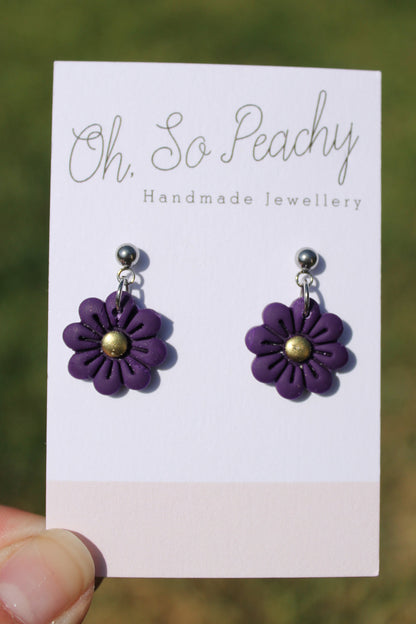 Polymer Clay Flower Ball Stud Earrings silver hardware purple 