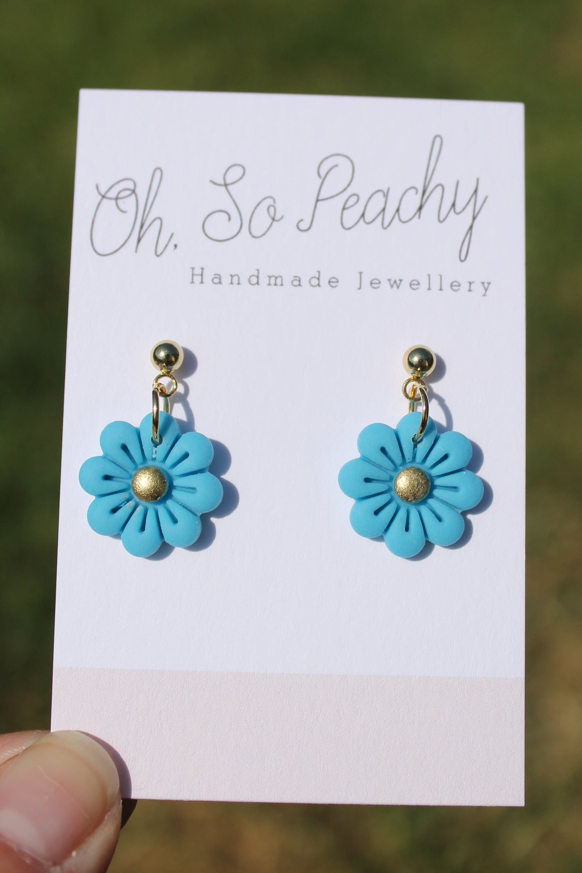 Polymer Clay Flower Ball Stud Earrings gold hardware blue flower
