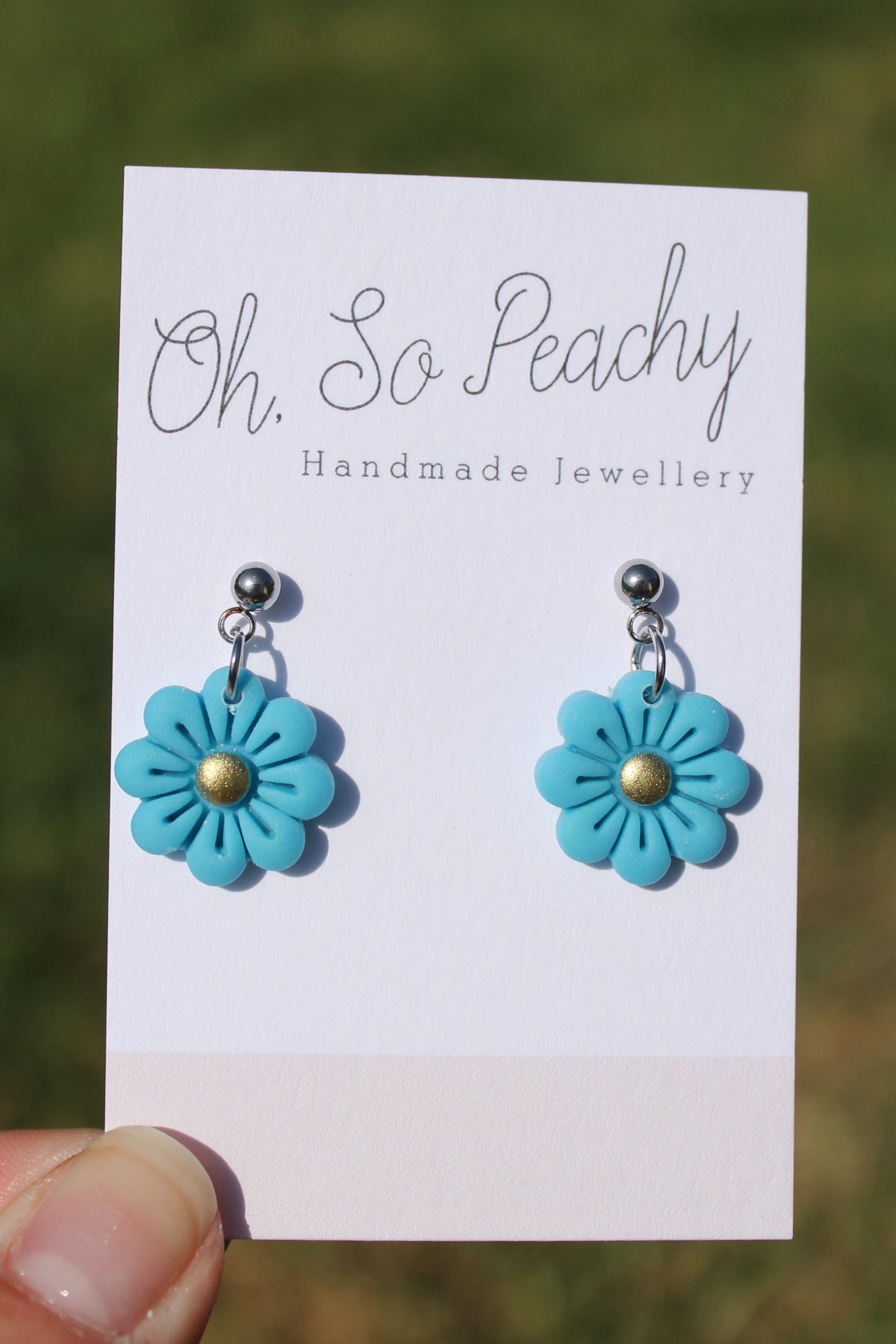 Polymer Clay Flower Ball Stud Earrings silver hardware blue 