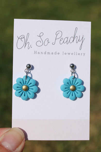 Polymer Clay Flower Ball Stud Earrings silver hardware blue 
