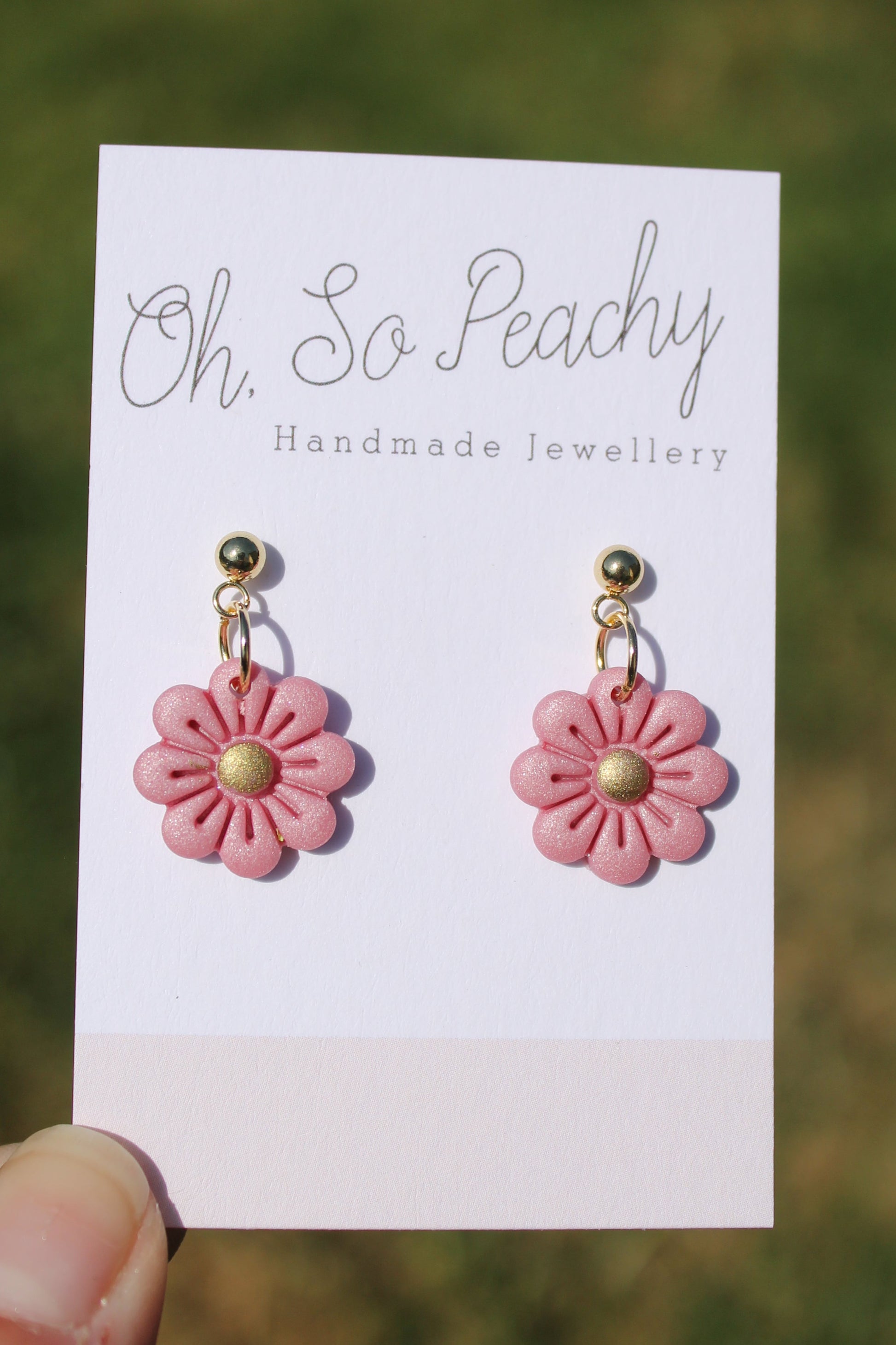 Polymer Clay Flower Ball Stud Earrings gold hardware pink pearl 