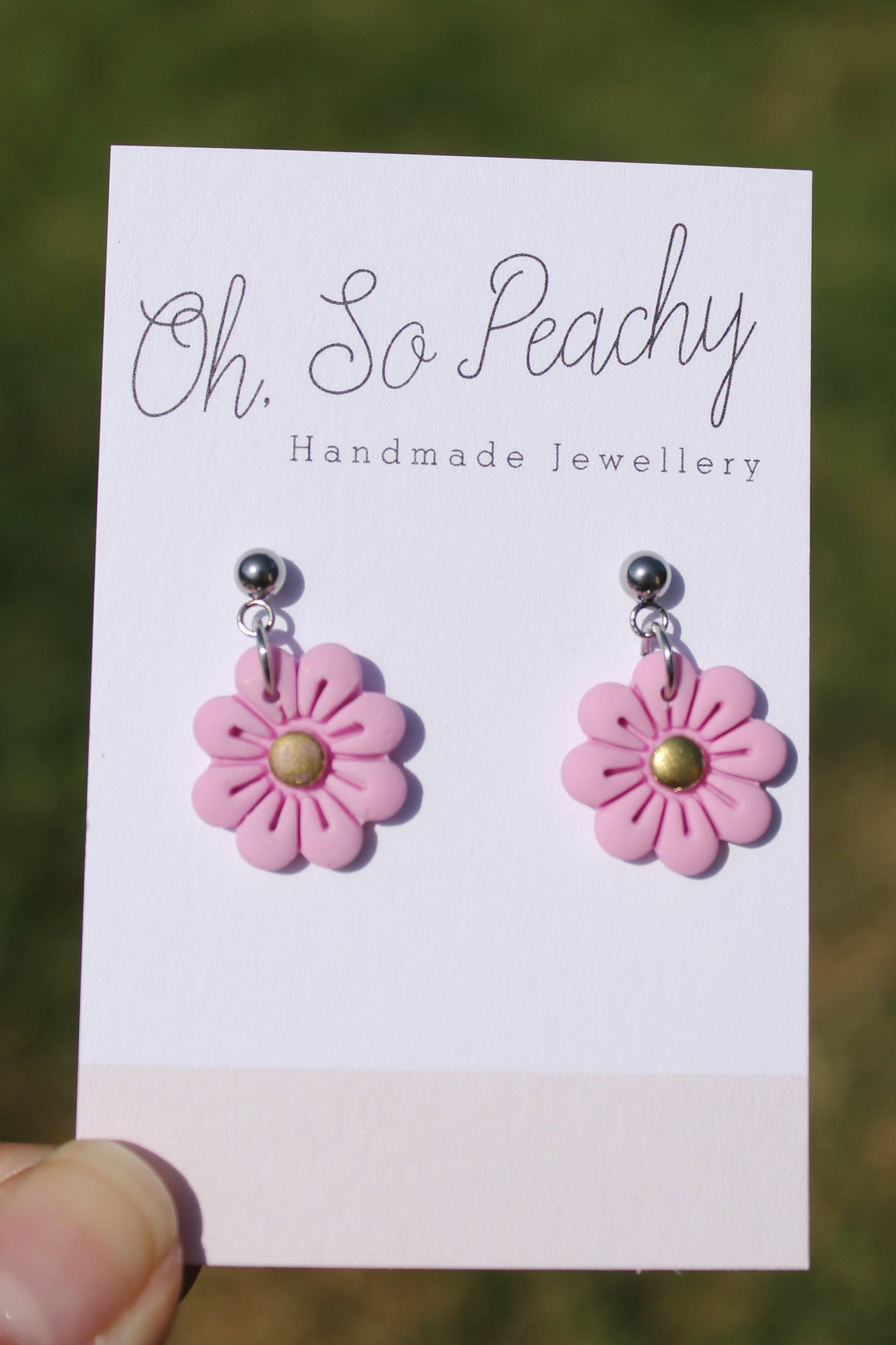 Polymer Clay Flower Ball Stud Earrings silver hardware pink 
