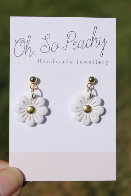 Polymer Clay Flower Ball Stud Earrings gold hardware white 