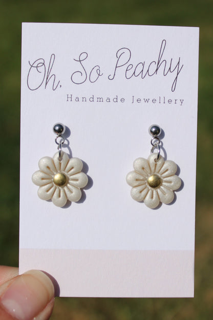 Polymer Clay Flower Ball Stud Earrings silver hardware pearl 