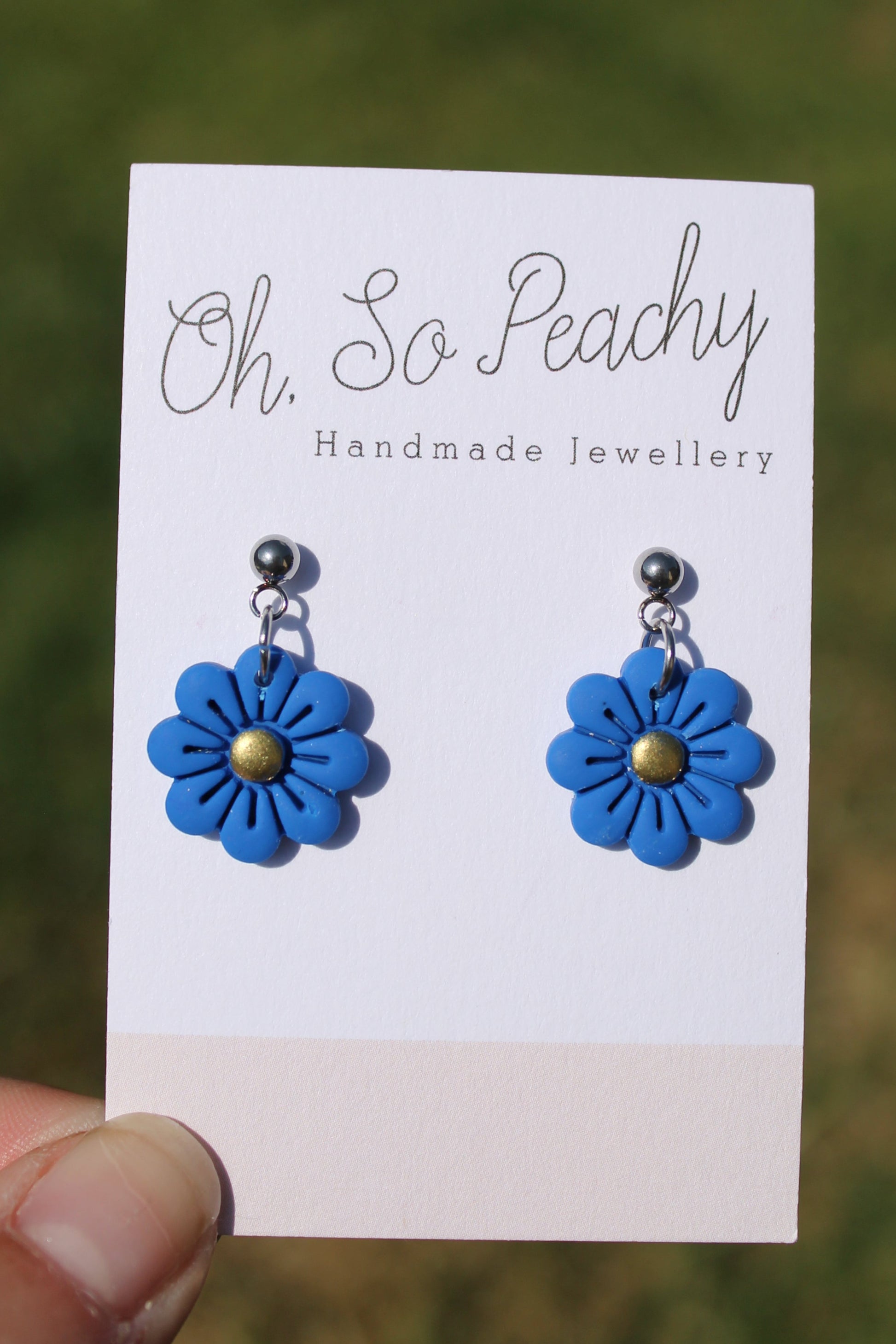 Polymer Clay Flower Ball Stud Earrings silver hardware cobalt blue 