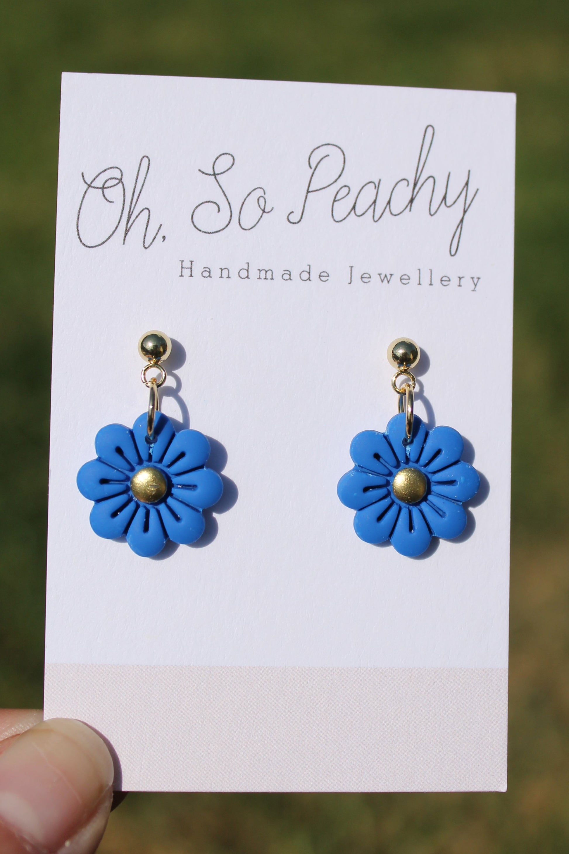 Polymer Clay Flower Ball Stud Earrings old hardware cobalt blue
