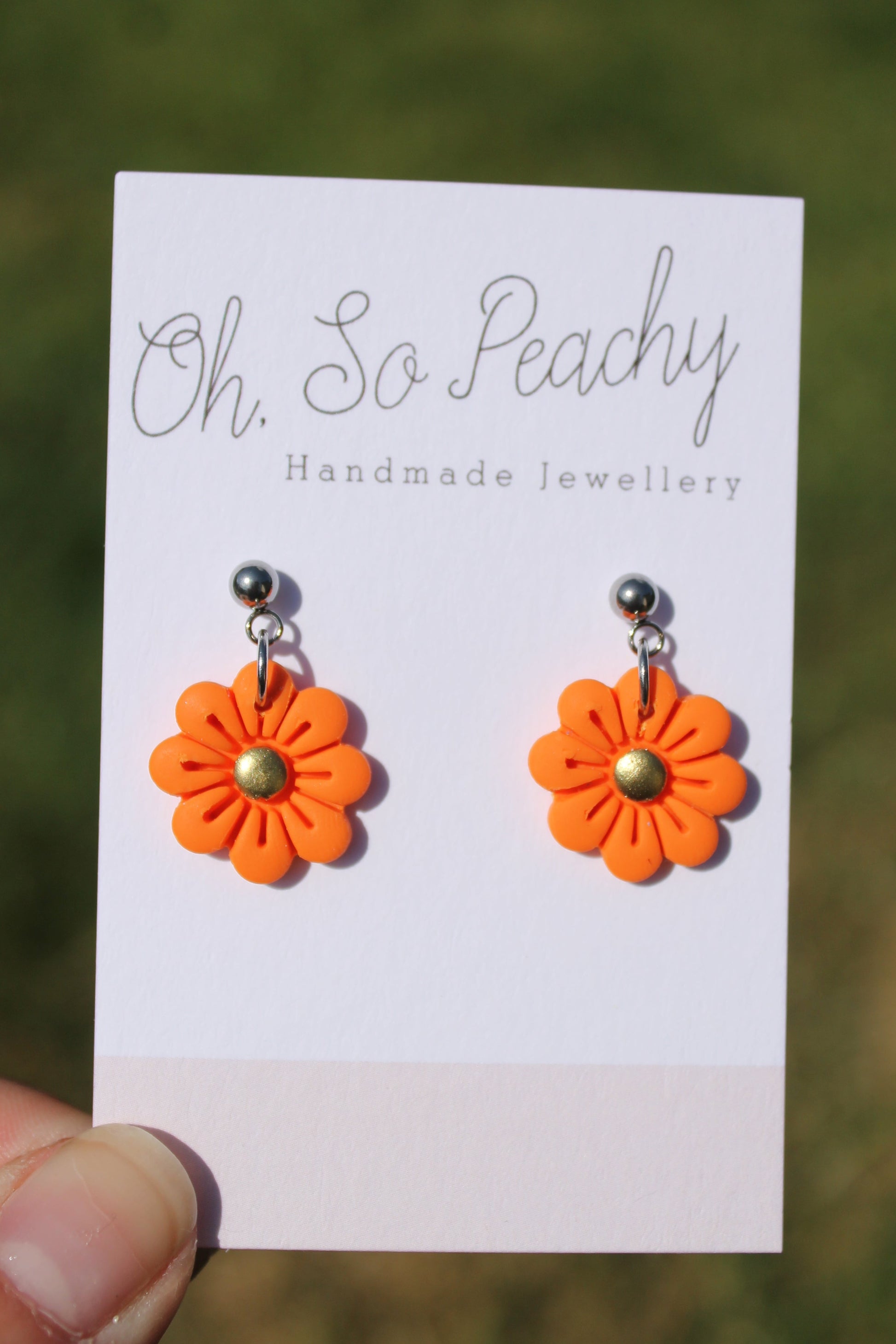 Polymer Clay Flower Ball Stud Earrings silver hardware orange 