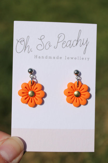 Polymer Clay Flower Ball Stud Earrings silver hardware orange 