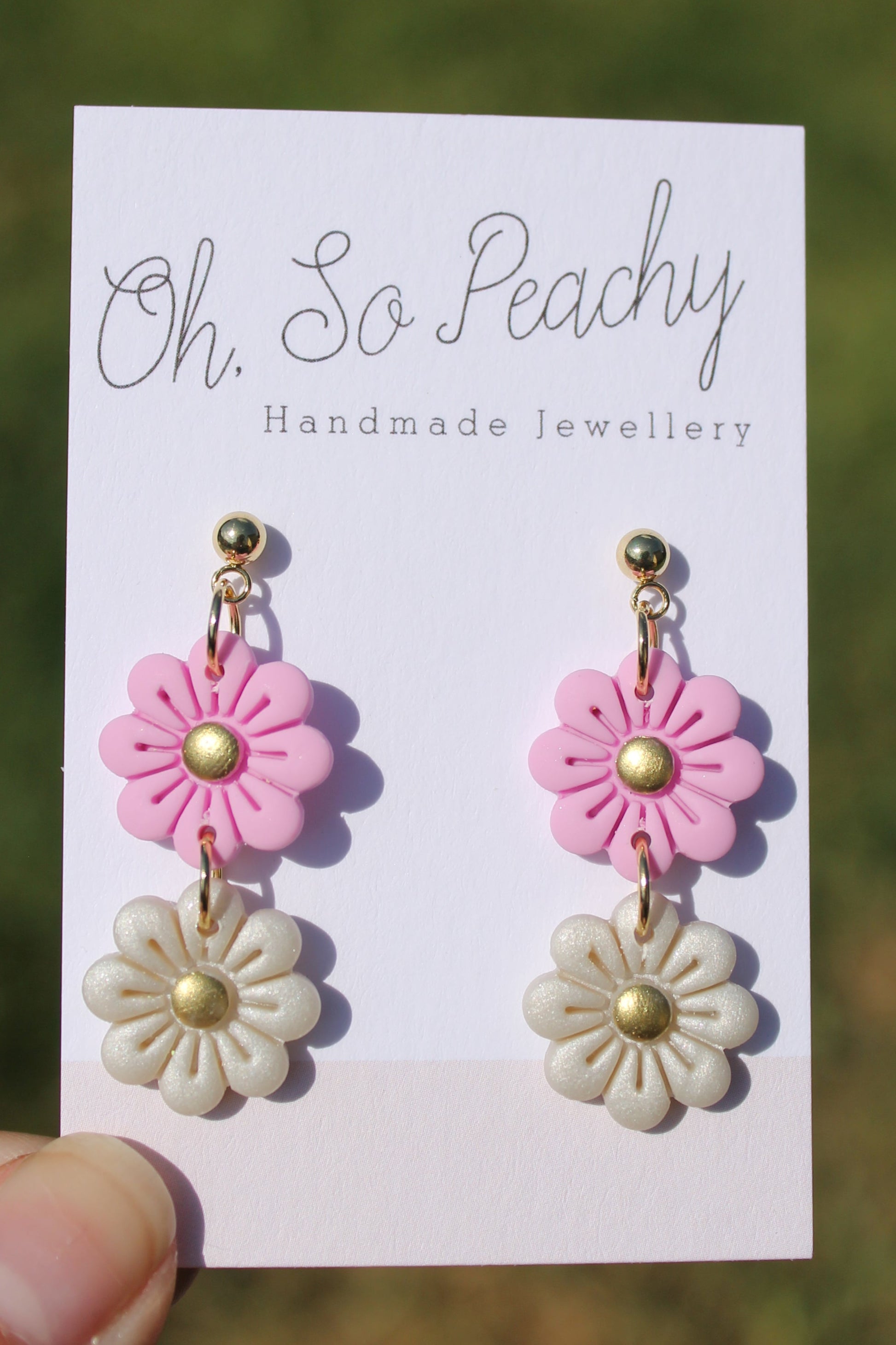 Polymer Clay Double Flower Ball Stud Earrings Pearl Gold Hardware Pink And Pearl Gold Hardware