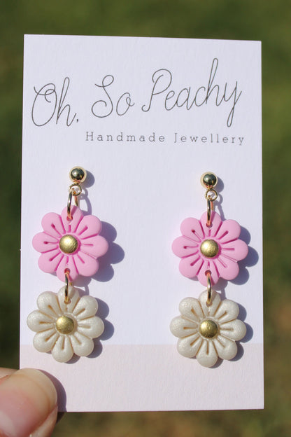 Polymer Clay Double Flower Ball Stud Earrings Pearl Gold Hardware Pink And Pearl Gold Hardware
