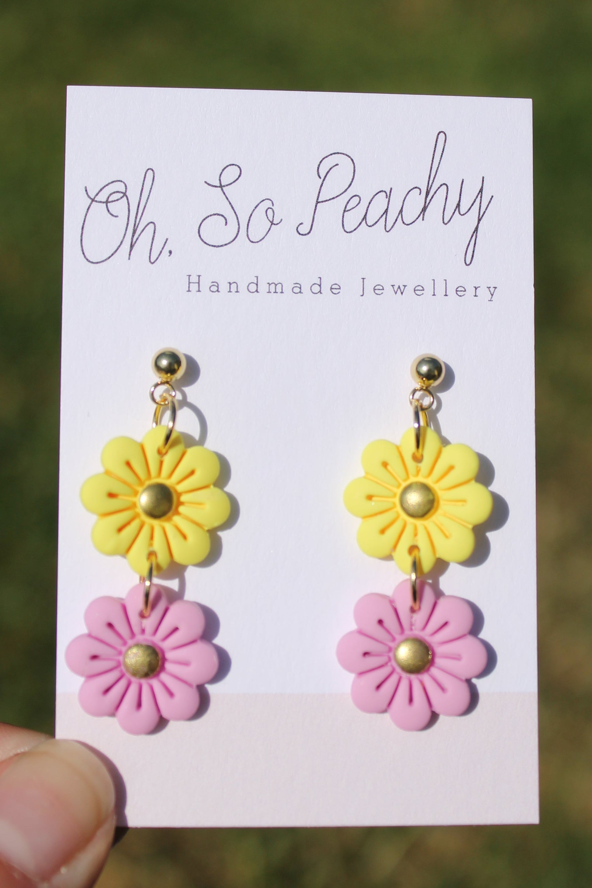 Polymer Clay Double Flower Ball Stud Earrings Pearl Gold Hardware Yellow And Pink Gold Hardware