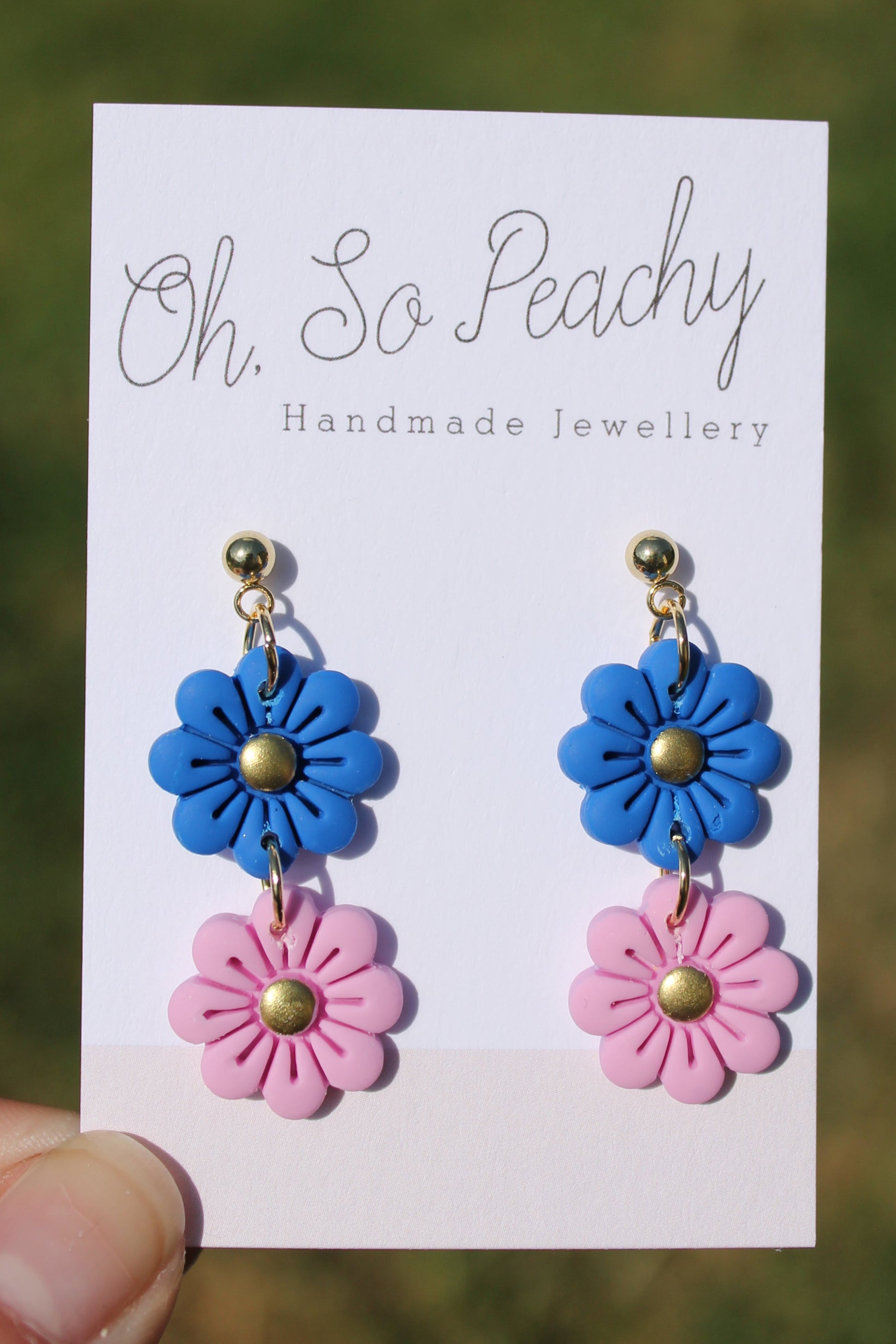 Polymer Clay Double Flower Ball Stud Earrings Pearl Gold Hardware Cobalt Blue And Pink Gold Hardware