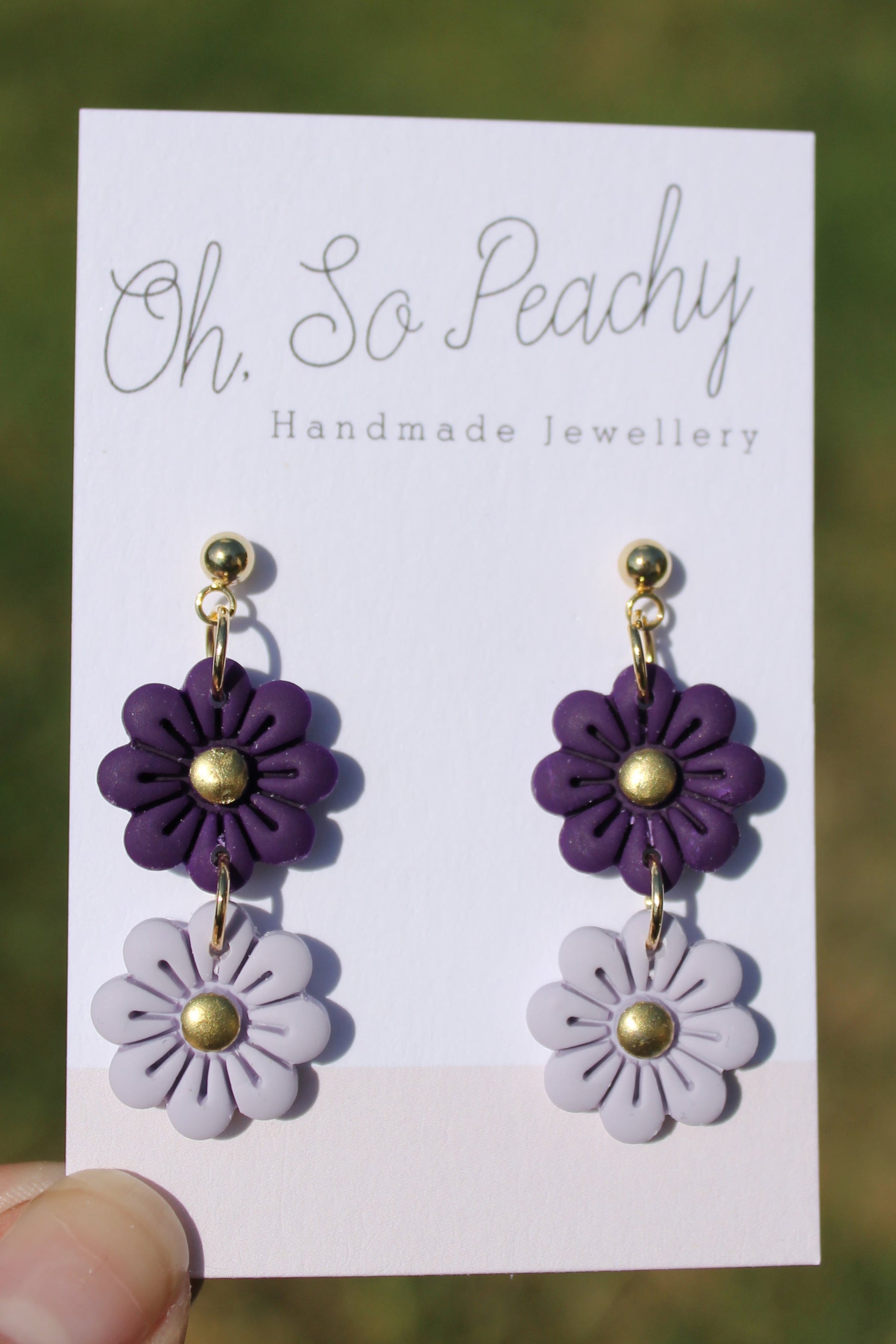 Polymer Clay Double Flower Ball Stud Earrings Pearl Gold Hardware Purple and Lilac Gold Hardware