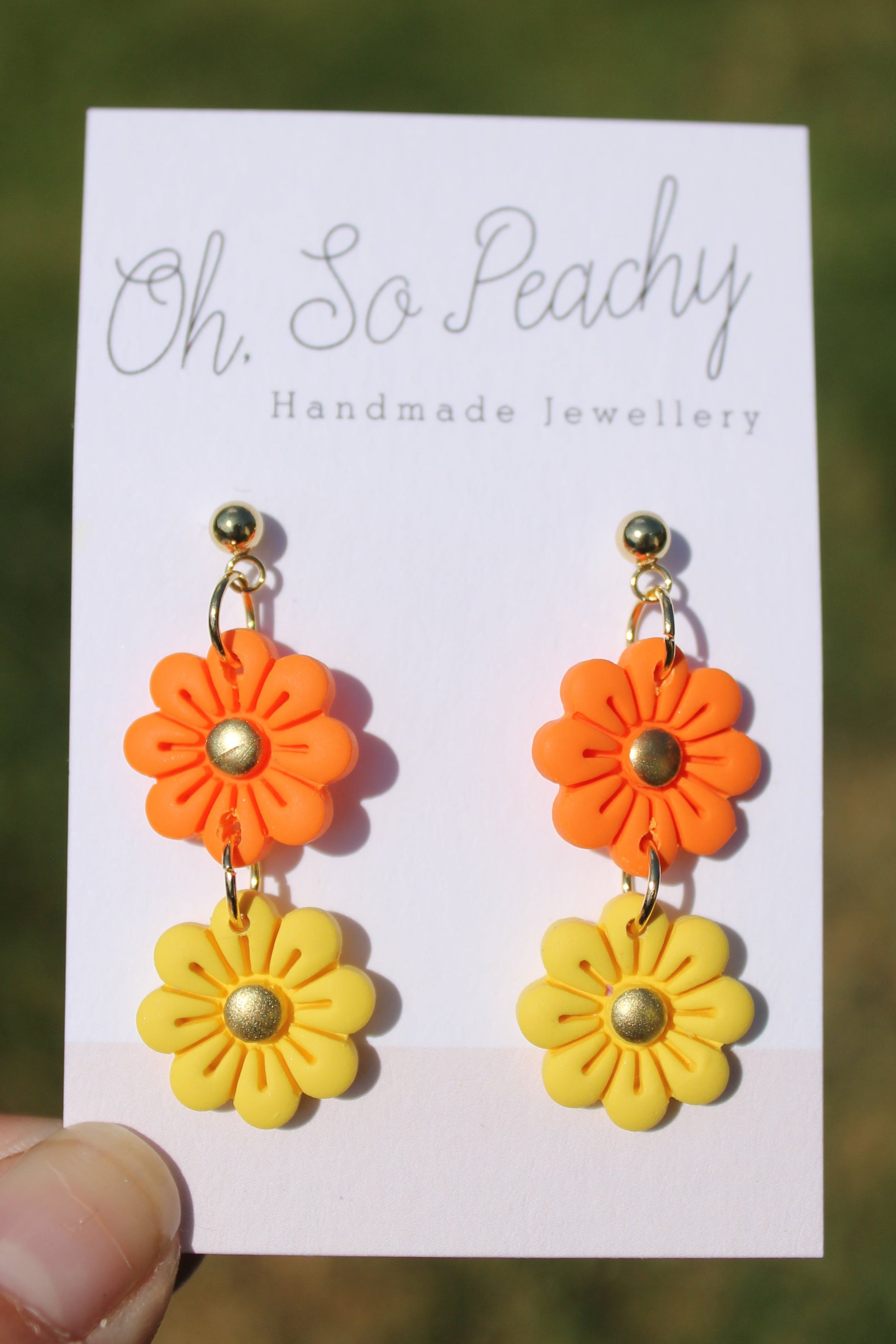 Polymer Clay Double Flower Ball Stud Earrings Pearl Gold Hardware Orange And Yellow Gold Hardware 