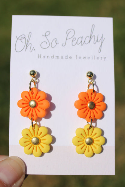 Polymer Clay Double Flower Ball Stud Earrings Pearl Gold Hardware Orange And Yellow Gold Hardware 