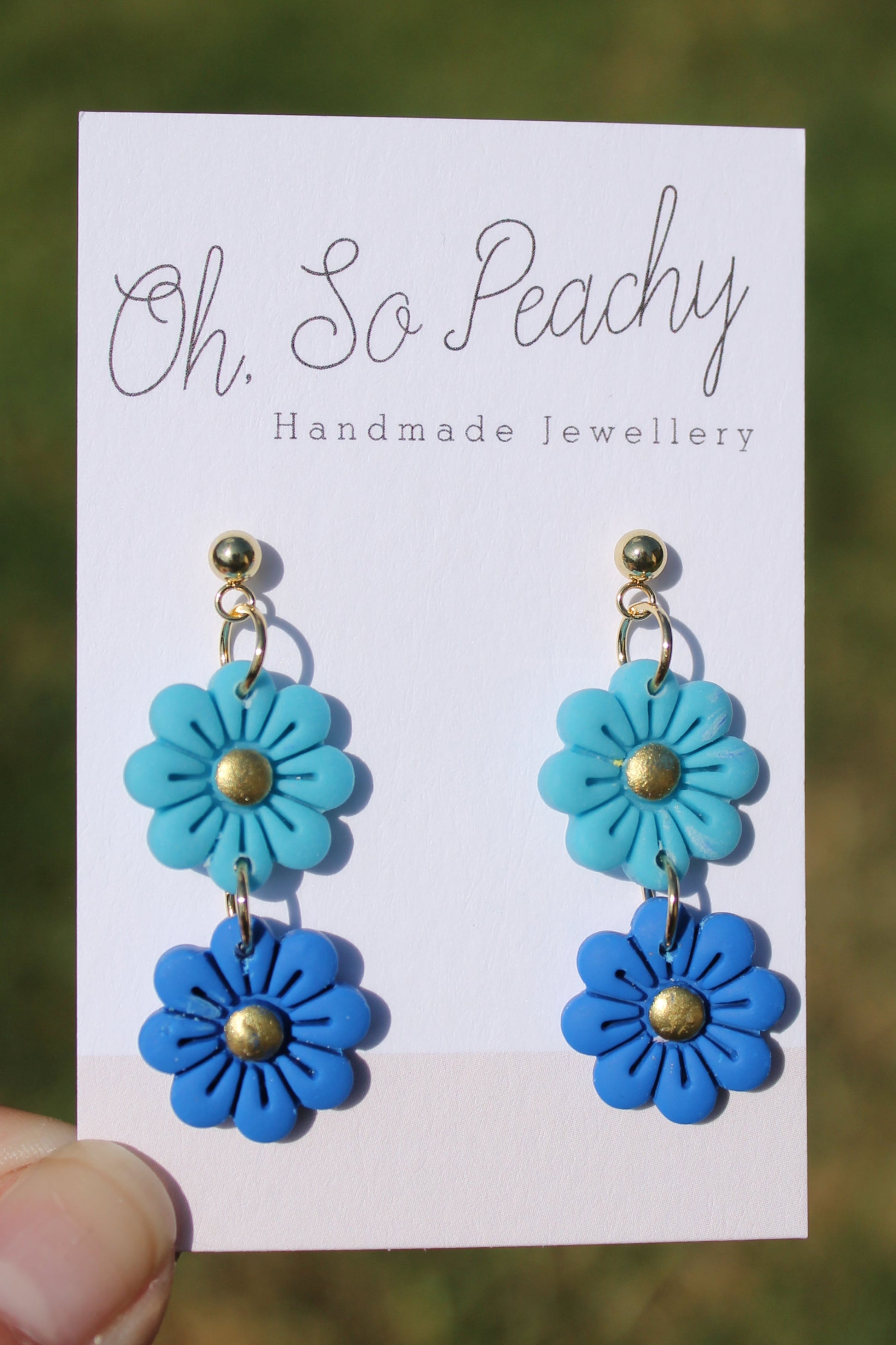 Polymer Clay Double Flower Ball Stud Earrings Pearl Gold Hardware Blue And Cobalt Blue Gold Hardware