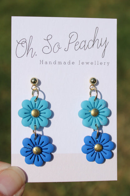 Polymer Clay Double Flower Ball Stud Earrings Pearl Gold Hardware Blue And Cobalt Blue Gold Hardware