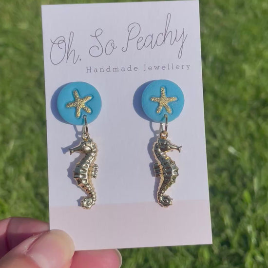 Polymer clay starfish stud earring with seahorse charm video