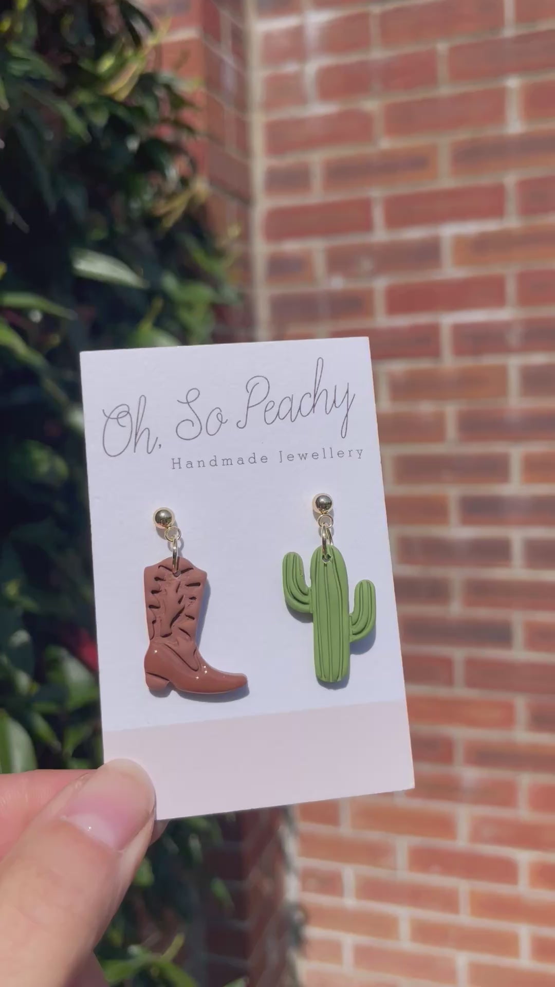 Polymer clay cowboy boot and cactus ball stud earrings video